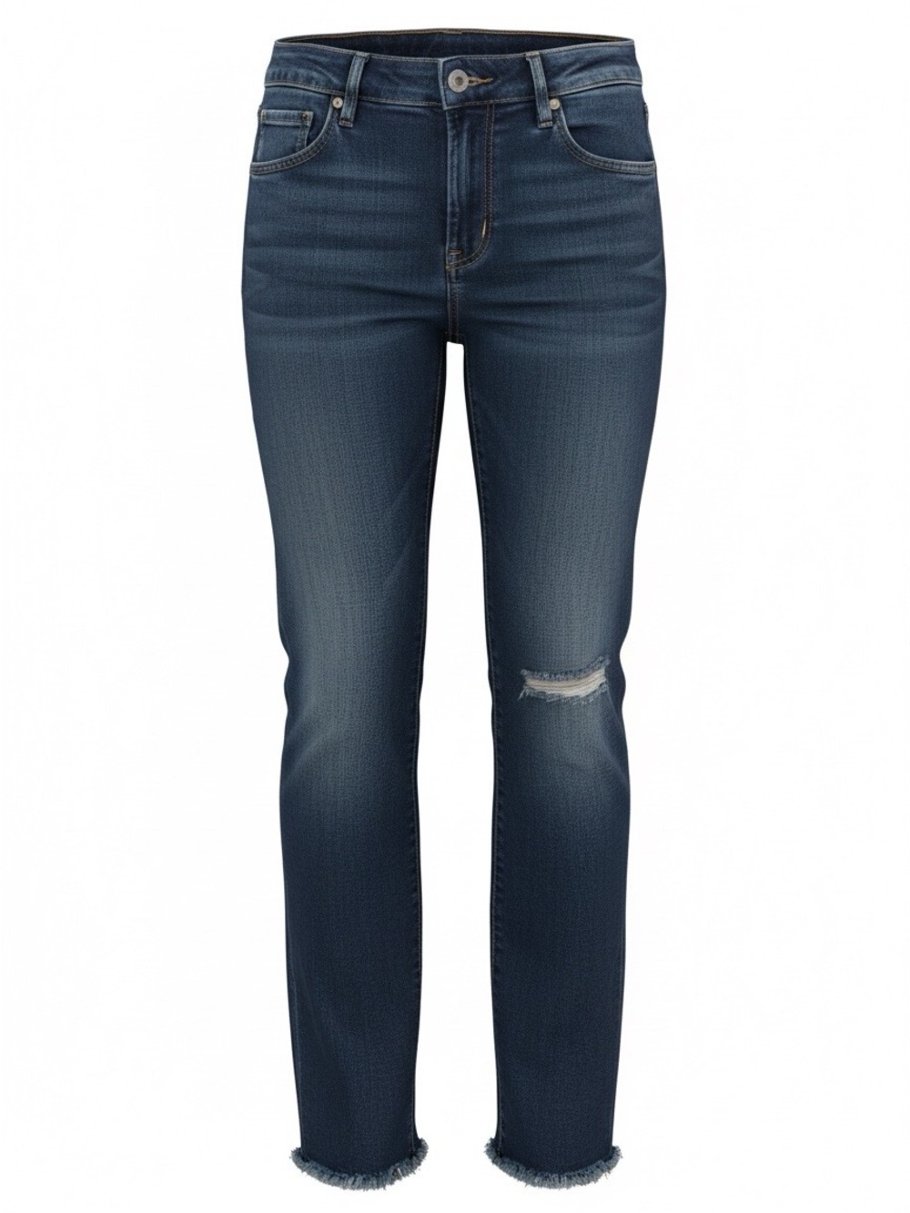 Lucky Brand Mid-Rise Straight Jeans in Dark Indigo with Knee Rip